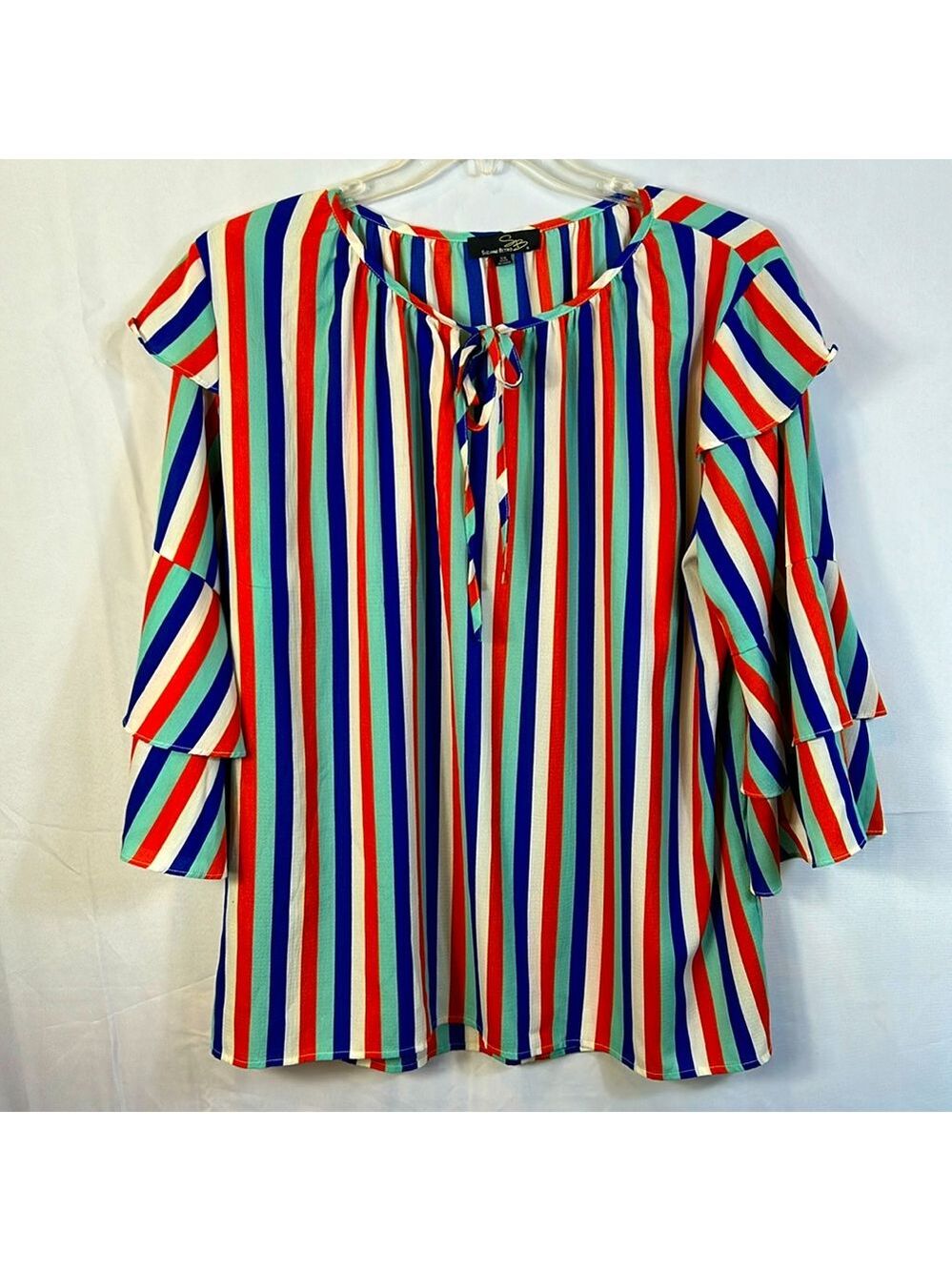 Suzanne Betro Oversized 2X Tiered Sleeve Blouse Tie Front Multicolored new